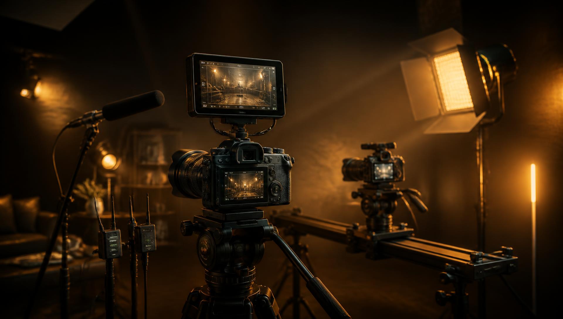 Fujifilm X-H2S no tripé com monitor de 7 polegadas, luzes e microfones em estúdio com luz dourada
